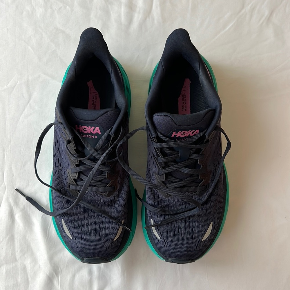 Hoka, women’s size 8.5B, navy, teal, and purple color